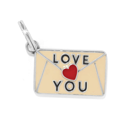 Brighton envelope charm with cream enamel, red heart seal, and silver-plated finish on a white background