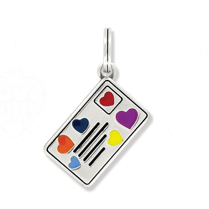 Brighton charm with silver-plated rectangular paint palette design featuring colorful enamel hearts and brushstroke details on a white background