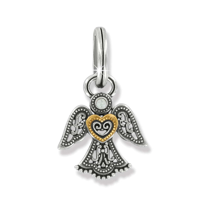 Brighton angel charm with two-tone finish, gold heart center, filigree wings, and crystal accent on a white background