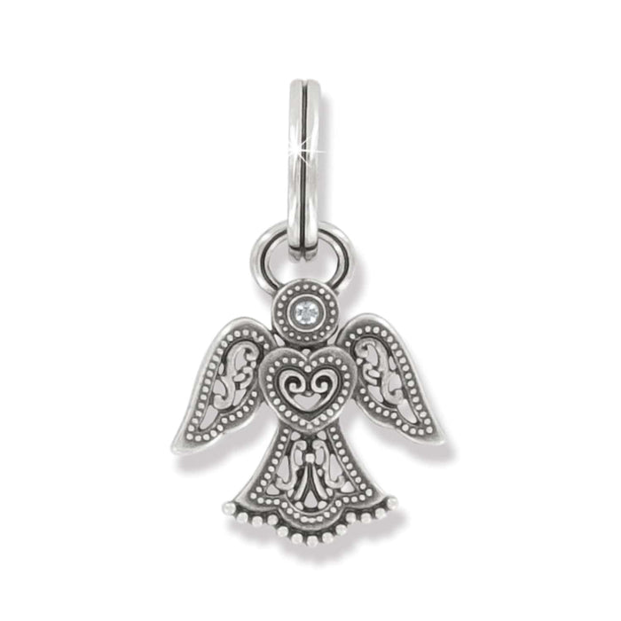Brighton angel charm with silver-tone filigree wings, heart detail, and crystal halo accent on a white background