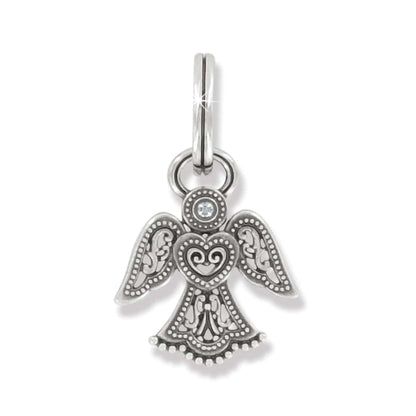 Brighton angel charm with silver-tone filigree wings, heart detail, and crystal halo accent on a white background