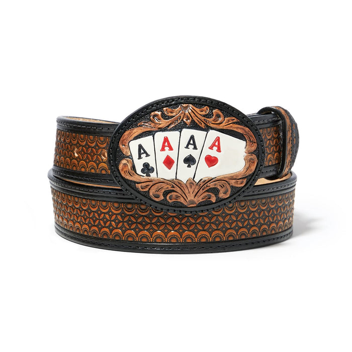 Brighton leather belt with embossed geometric pattern and oval four aces card buckle on a white background