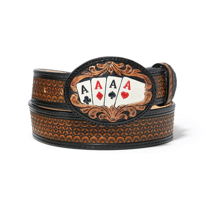 Brighton leather belt with embossed geometric pattern and oval four aces card buckle on a white background
