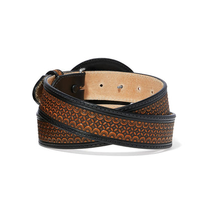 Brighton coiled leather belt with black trim and tan geometric embossed pattern on a white background