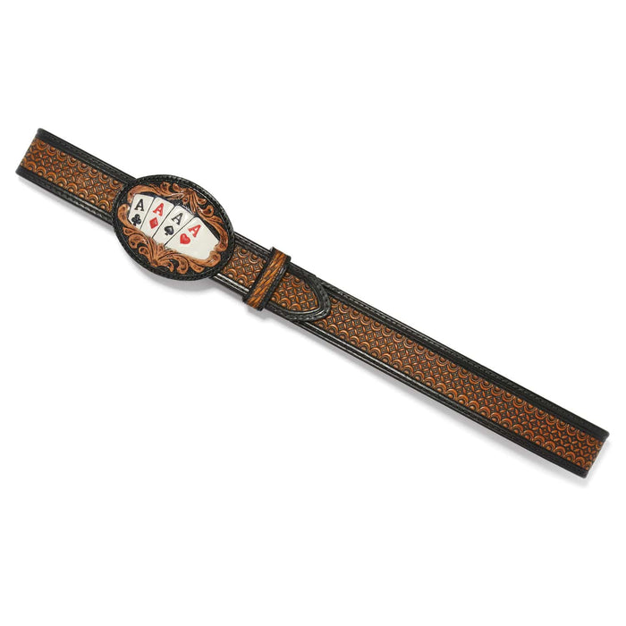Brighton leather belt with tooled tan pattern and oval concho featuring four aces playing cards on a white background