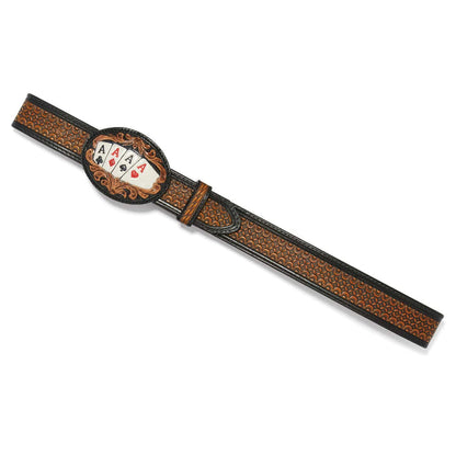 Brighton leather belt with tooled tan pattern and oval concho featuring four aces playing cards on a white background