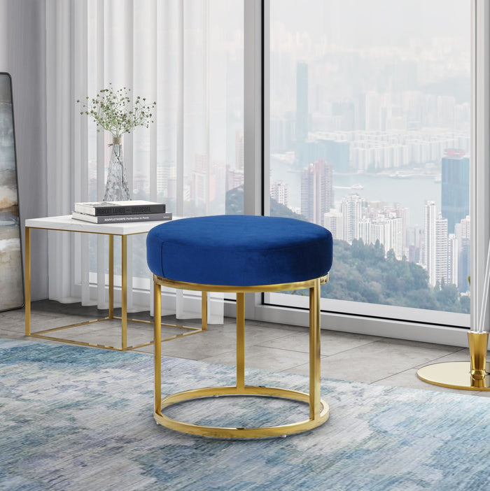 Luxurious Blue Velvet Ottoman with Gold Metal Frame - Chic Round Footstool & Vanity Seat for Home Furniture