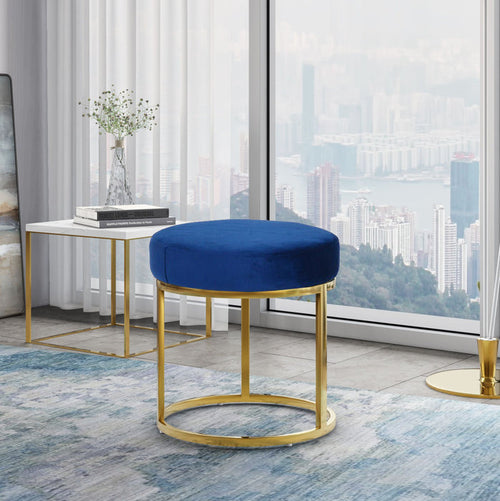 Luxurious Blue Velvet Ottoman with Gold Metal Frame - Chic Round Footstool & Vanity Seat for Home Furniture