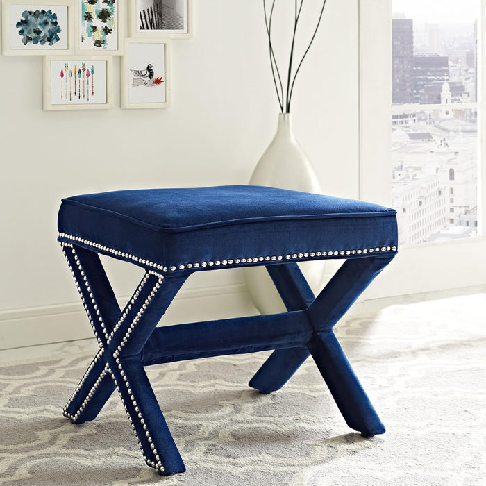Luxurious Navy Velvet Tufted Pouffe – Modern X-Design Ottoman for Living Room