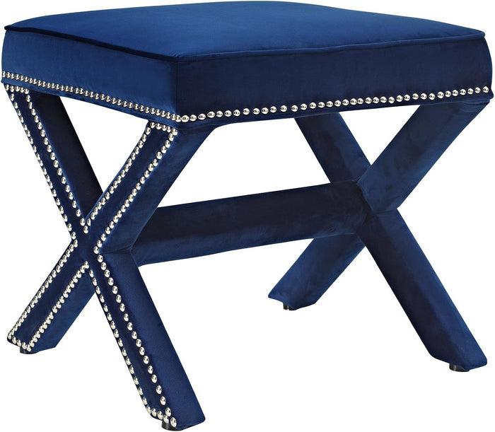 Luxurious Navy Velvet Tufted Pouffe – Modern X-Design Ottoman for Living Room