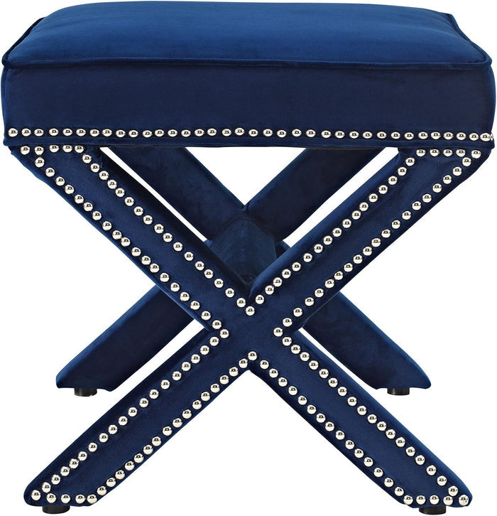Luxurious Navy Velvet Tufted Pouffe – Modern X-Design Ottoman for Living Room