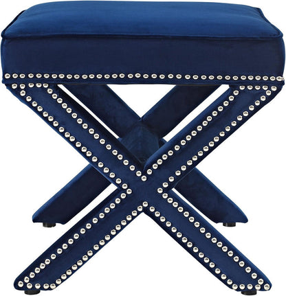 Luxurious Navy Velvet Tufted Pouffe – Modern X-Design Ottoman for Living Room