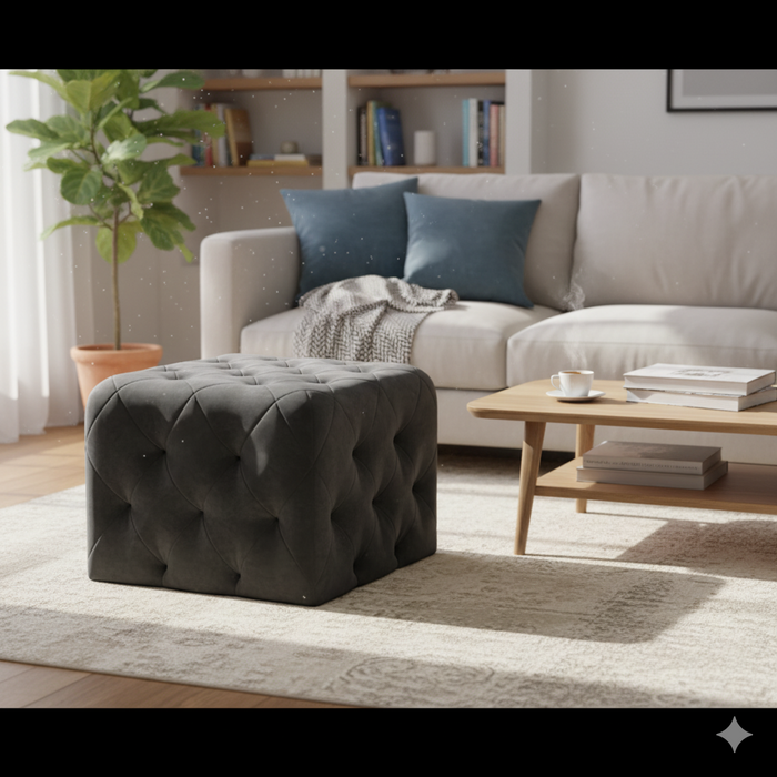 Luxurious Tufted Velvet Ottoman Footstool - Elegant Grey Cube Pouffe for Living Room & Bedroom Furniture