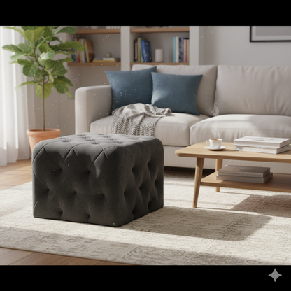 Luxurious Tufted Velvet Ottoman Footstool - Elegant Grey Cube Pouffe for Living Room & Bedroom Furniture