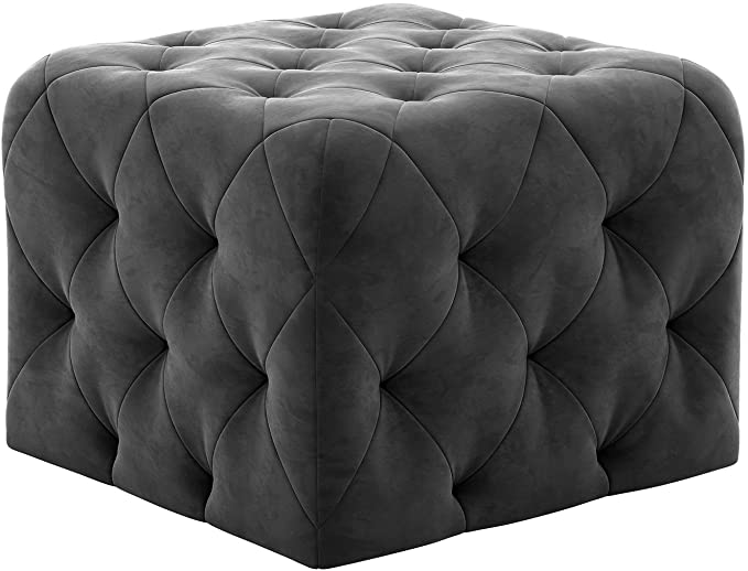 Luxurious Tufted Velvet Ottoman Footstool - Elegant Grey Cube Pouffe for Living Room & Bedroom Furniture