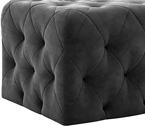 Luxurious Tufted Velvet Ottoman Footstool - Elegant Grey Cube Pouffe for Living Room & Bedroom Furniture