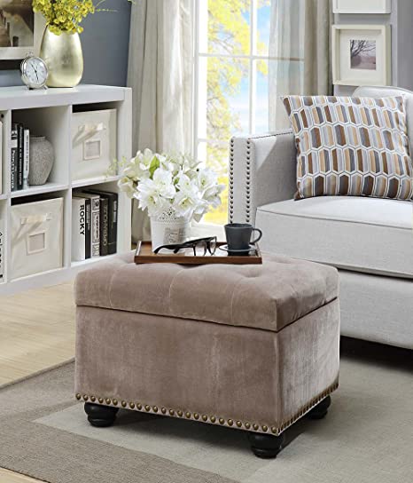 Luxurious Tufted Velvet Storage Ottoman with Nailhead Trim & Dark Wood Legs - Stylish Home Furniture