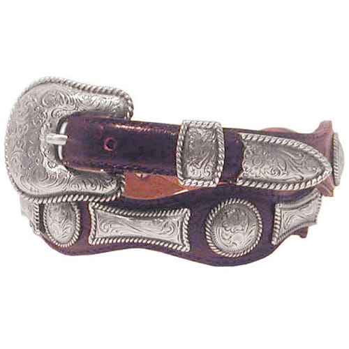 Brighton purple leather belt with ornate engraved silver-tone buckle and matching concho accents on a white background