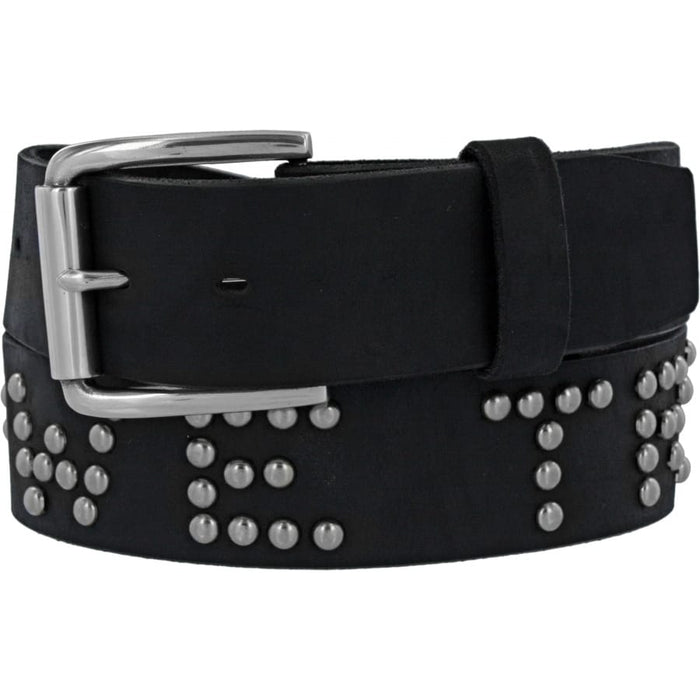 Brighton black leather belt with silver-tone roller buckle and decorative round stud detailing on a white background