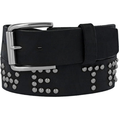 Brighton black leather belt with silver-tone roller buckle and decorative round stud detailing on a white background