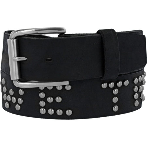 Brighton black leather belt with silver-tone roller buckle and decorative round stud detailing on a white background