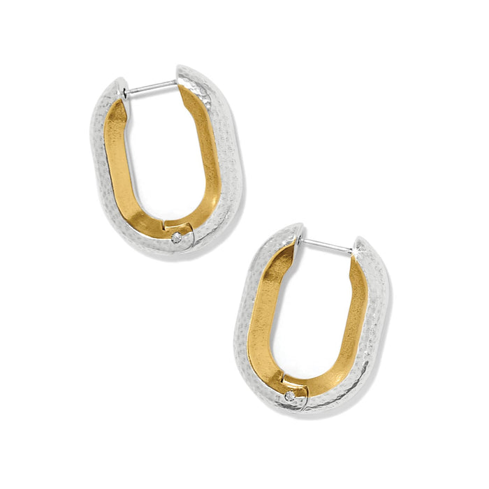 Brighton hoop earrings with hammered silver-tone exterior and gold-tone interior with small crystal accents on a white background