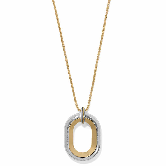 Brighton pendant necklace with hammered silver-tone and gold-tone two-tone oval pendant on gold chain on a white background