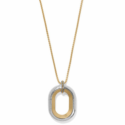 Brighton pendant necklace with hammered silver-tone and gold-tone two-tone oval pendant on gold chain on a white background