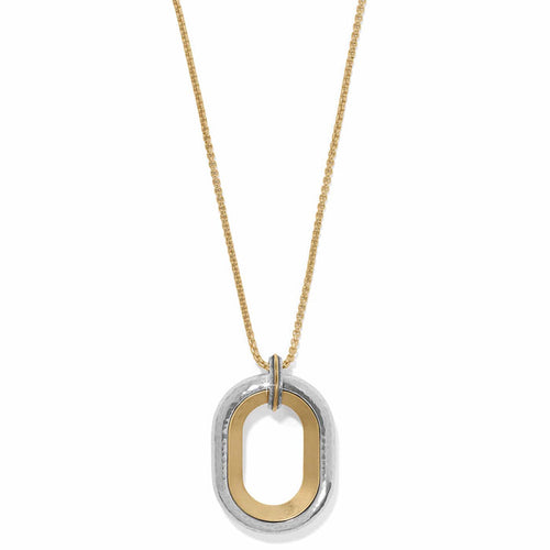 Brighton pendant necklace with hammered silver-tone and gold-tone two-tone oval pendant on gold chain on a white background