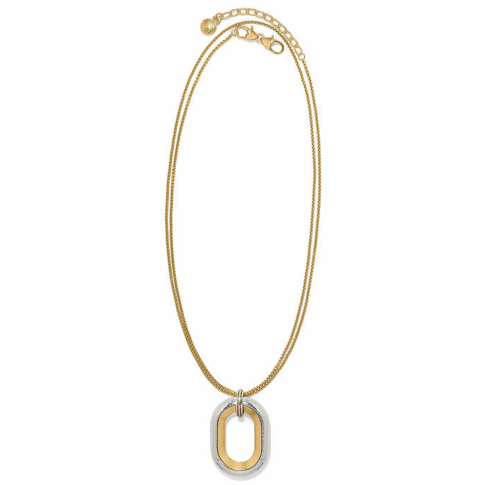 Brighton pendant necklace with hammered two-tone oval pendant on gold-tone chain on a white background