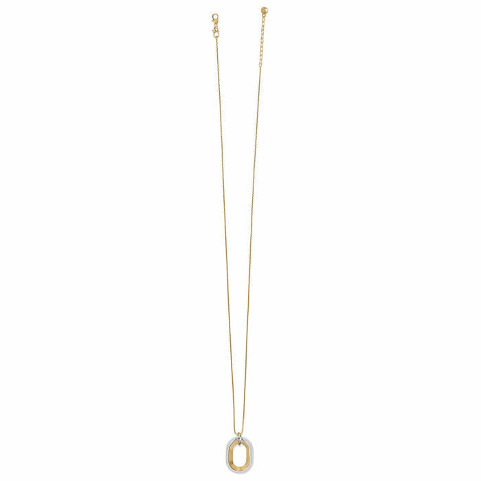 Brighton pendant necklace with two-tone hammered oval pendant on delicate gold-tone chain on a white background