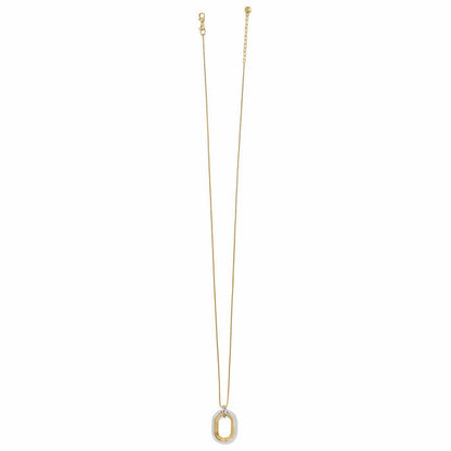 Brighton pendant necklace with two-tone hammered oval pendant on delicate gold-tone chain on a white background