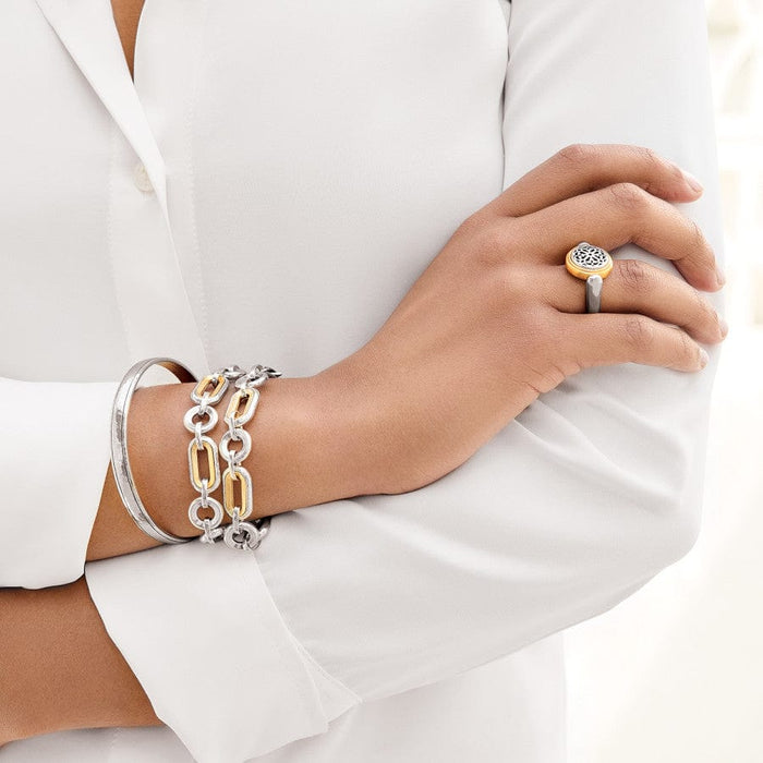 A woman's arm showcasing elegant Medici Two Tone Link Bracelet with a matching ring and bracelet with charms, and a necklace against a neutral backdrop.