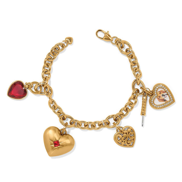Brighton charm bracelet with gold-plated chain, heart charms, red crystal accents, and dog photo locket on a white background
