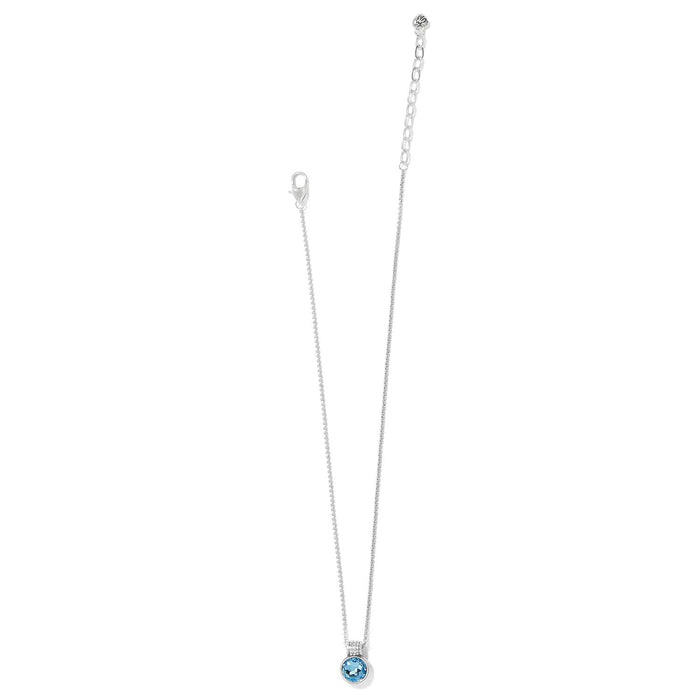 Brighton pendant necklace with round blue crystal and silver-plated chain with lobster clasp on a white background