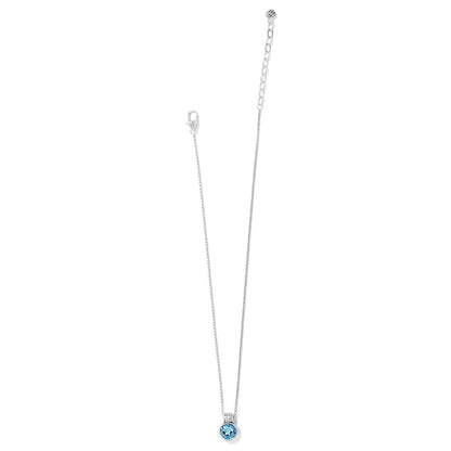 Brighton pendant necklace with round blue crystal and silver-plated chain with lobster clasp on a white background