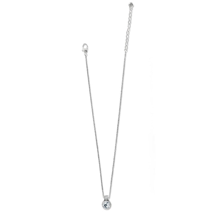 Brighton pendant necklace with round crystal stone, silver-plated pave bail, and lobster clasp on a white background
