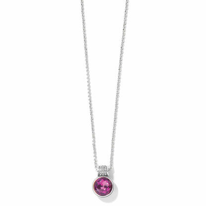 Brighton pendant necklace with round faceted pink crystal and silver-plated crystal-accented bail on a white background