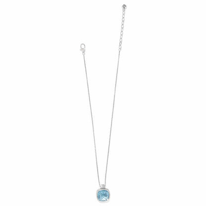 Brighton pendant necklace with square blue crystal and silver-plated chain with crystal accent on a white background