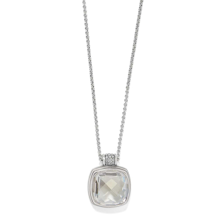 Brighton pendant necklace with large faceted crystal square and silver-plated chain with crystal-accented bail on a white background