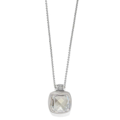 Brighton pendant necklace with large faceted crystal square and silver-plated chain with crystal-accented bail on a white background