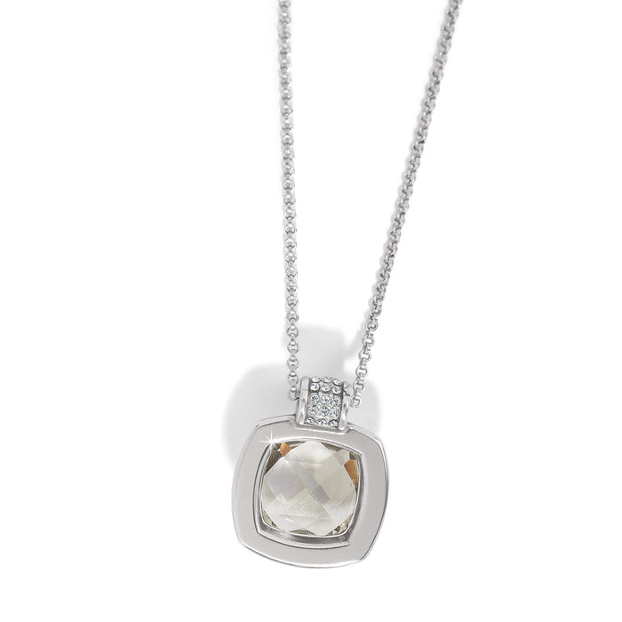 Brighton pendant necklace with square crystal stone and silver-plated frame with crystal accents on a white background