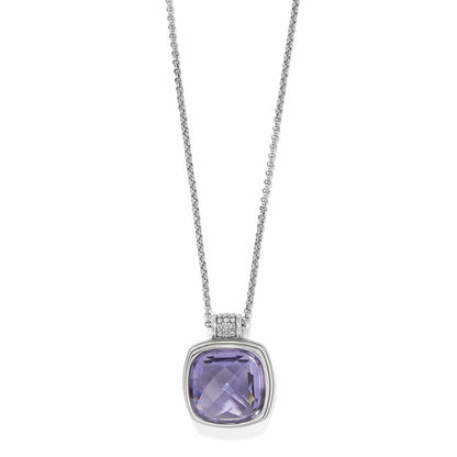 Brighton pendant necklace with faceted purple crystal and silver-plated chain with crystal accent bail on a white background