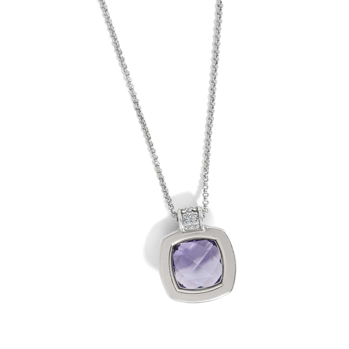 Brighton pendant necklace with faceted purple crystal, silver-plated frame, and crystal-accented bail on a white background