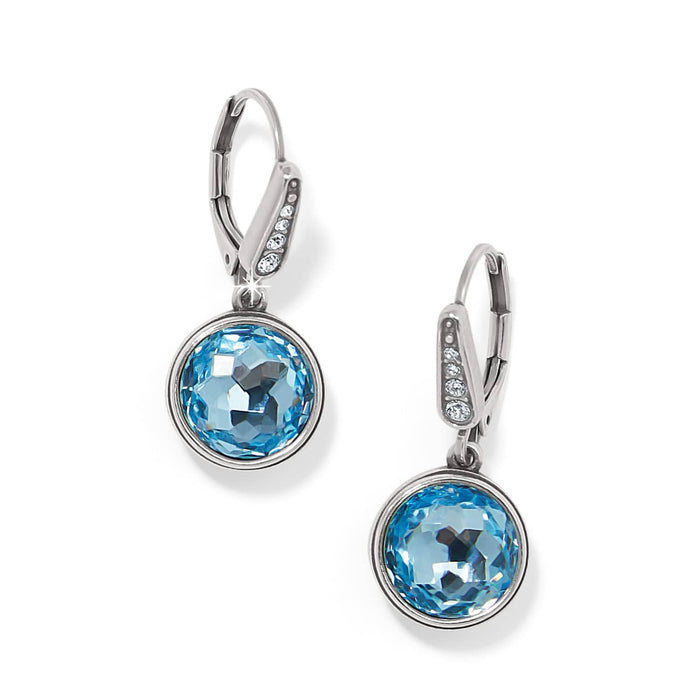 Brighton drop earrings with round blue faceted crystals and silver-plated leverbacks accented with crystals on a white background