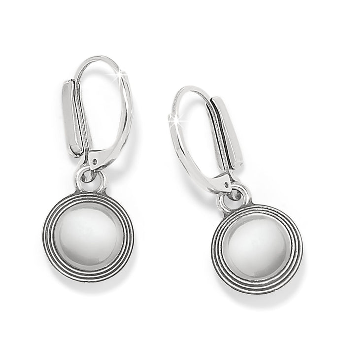 Brighton drop earrings with round crystal stones in silver-plated ribbed bezels and leverback closures on a white background