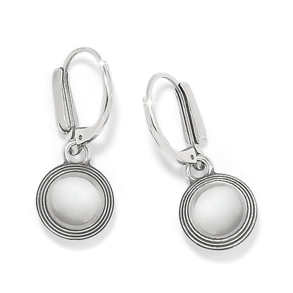 Brighton drop earrings with round crystal stones in silver-plated ribbed bezels and leverback closures on a white background