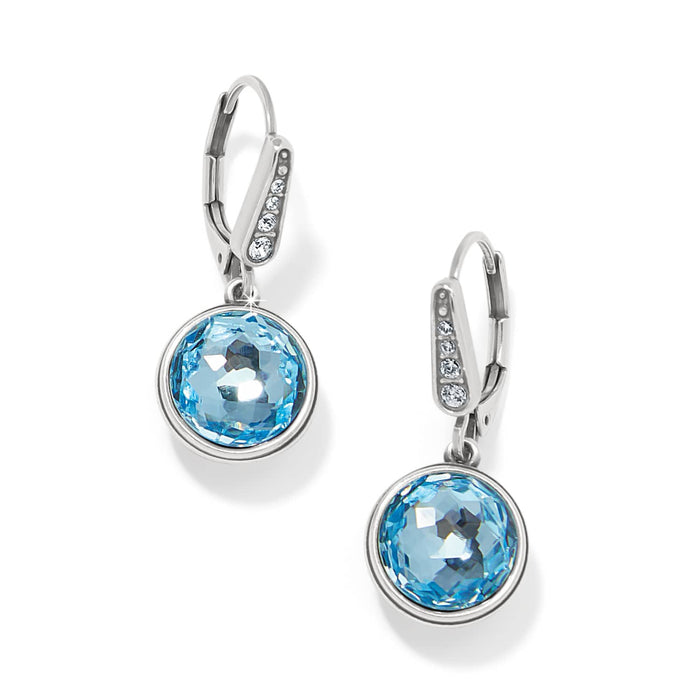 Brighton drop earrings with round blue faceted crystals and silver-plated leverbacks accented with crystals on a white background