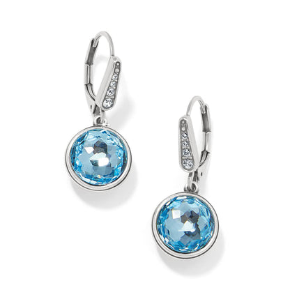 Brighton drop earrings with round blue faceted crystals and silver-plated leverbacks accented with crystals on a white background
