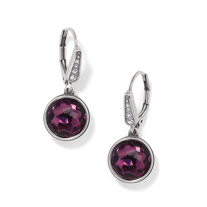 Brighton drop earrings with round purple crystals and silver-plated lever backs accented with crystals on a white background